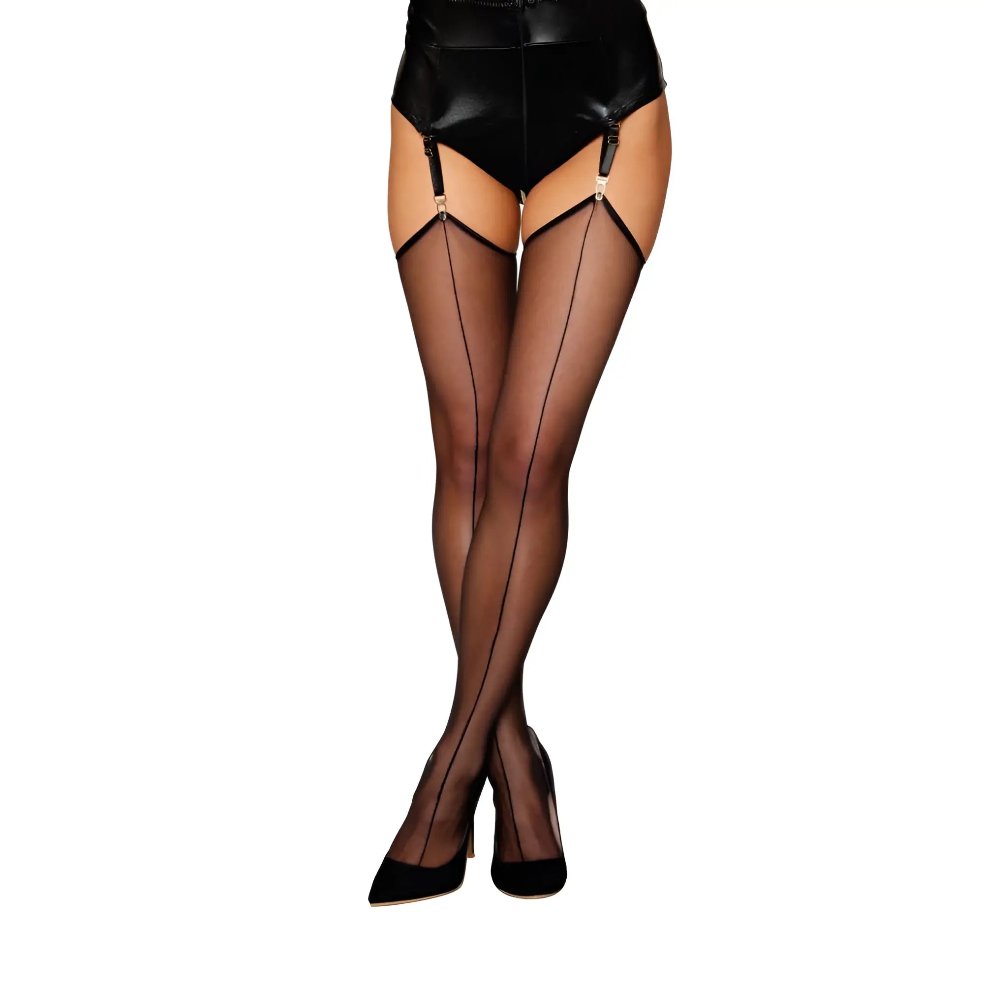 Black sheer thigh high stockings with thin seams and garter straps paired with high waisted brief by dreamgirl