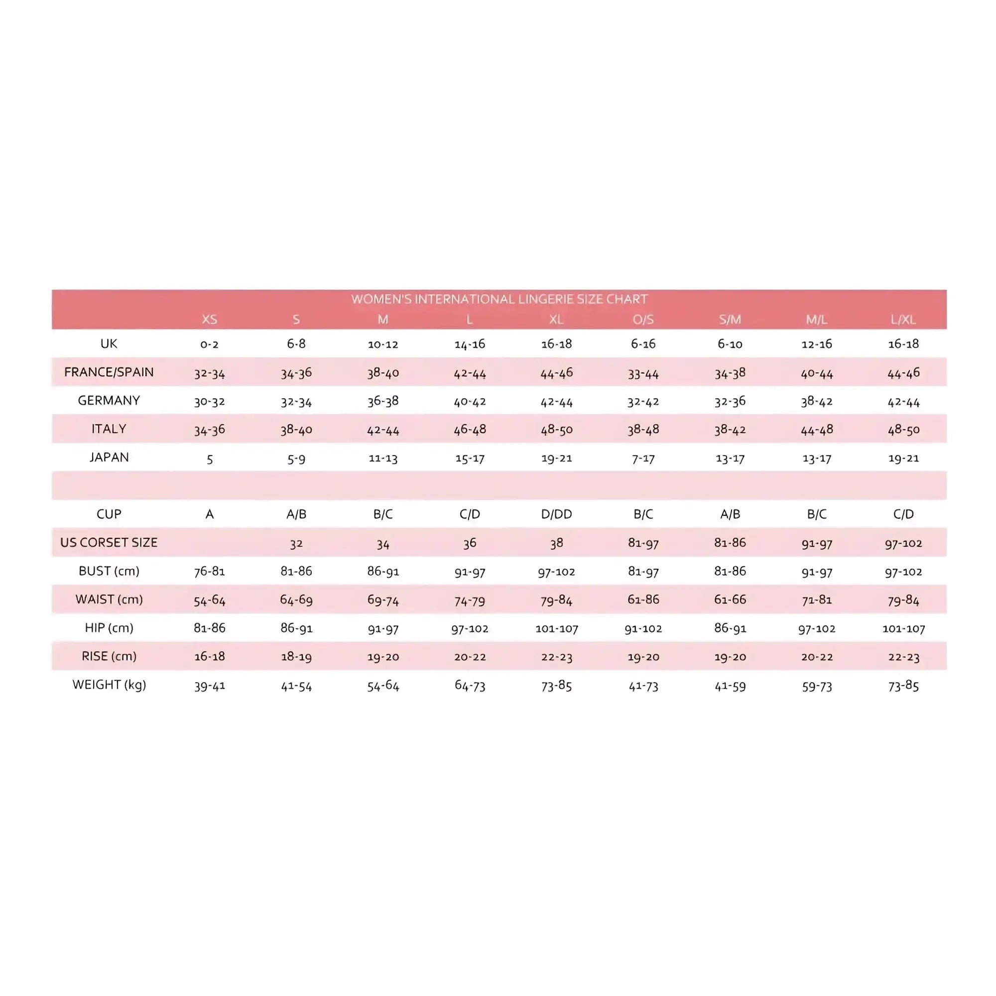 Women’s international lingerie size chart showing us sizing for dreamgirl rhinestone cowl neck pink mini dress large xl