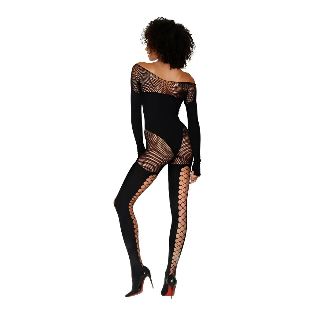Black fishnet bodysuit with long sleeves and cut-out panels from dreamgirl seamless opaque and fishnet bodystocking