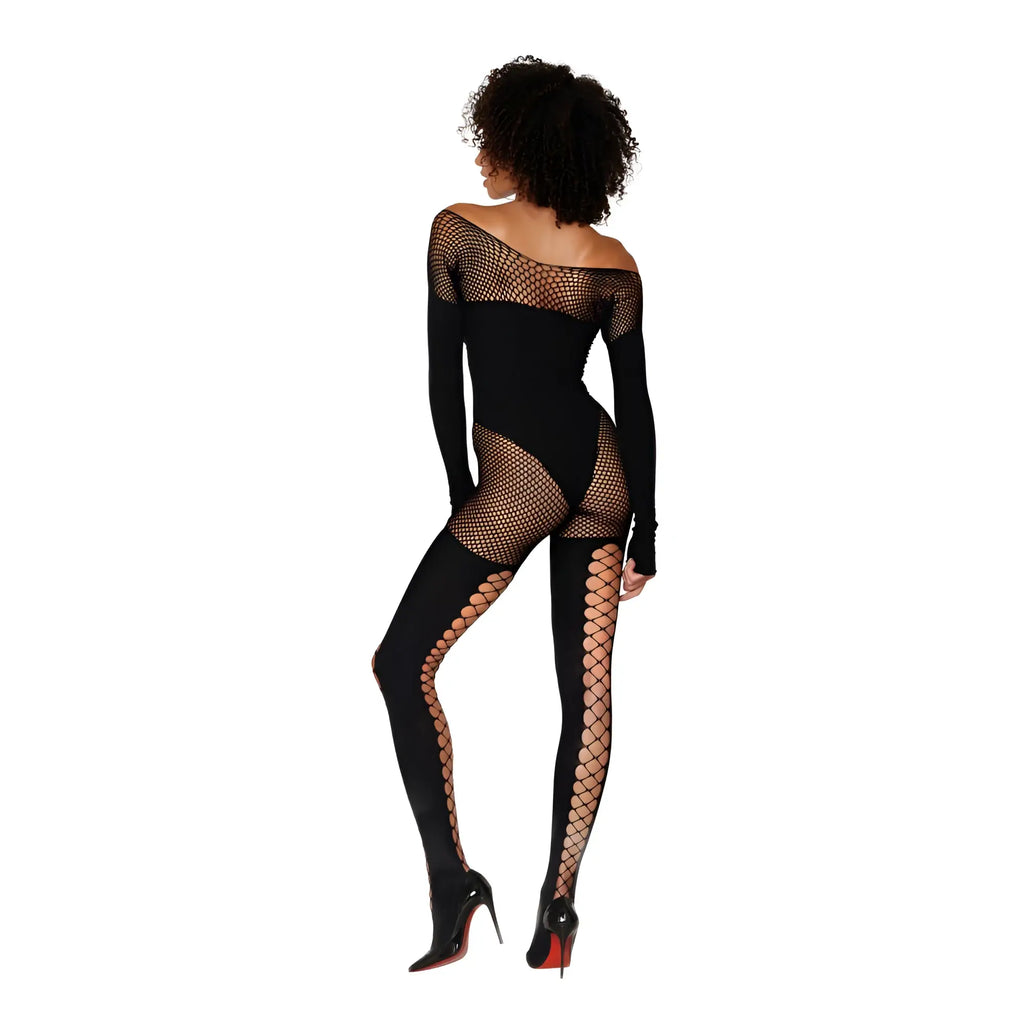 Black fishnet bodysuit with long sleeves and cut-out panels from dreamgirl seamless opaque and fishnet bodystocking