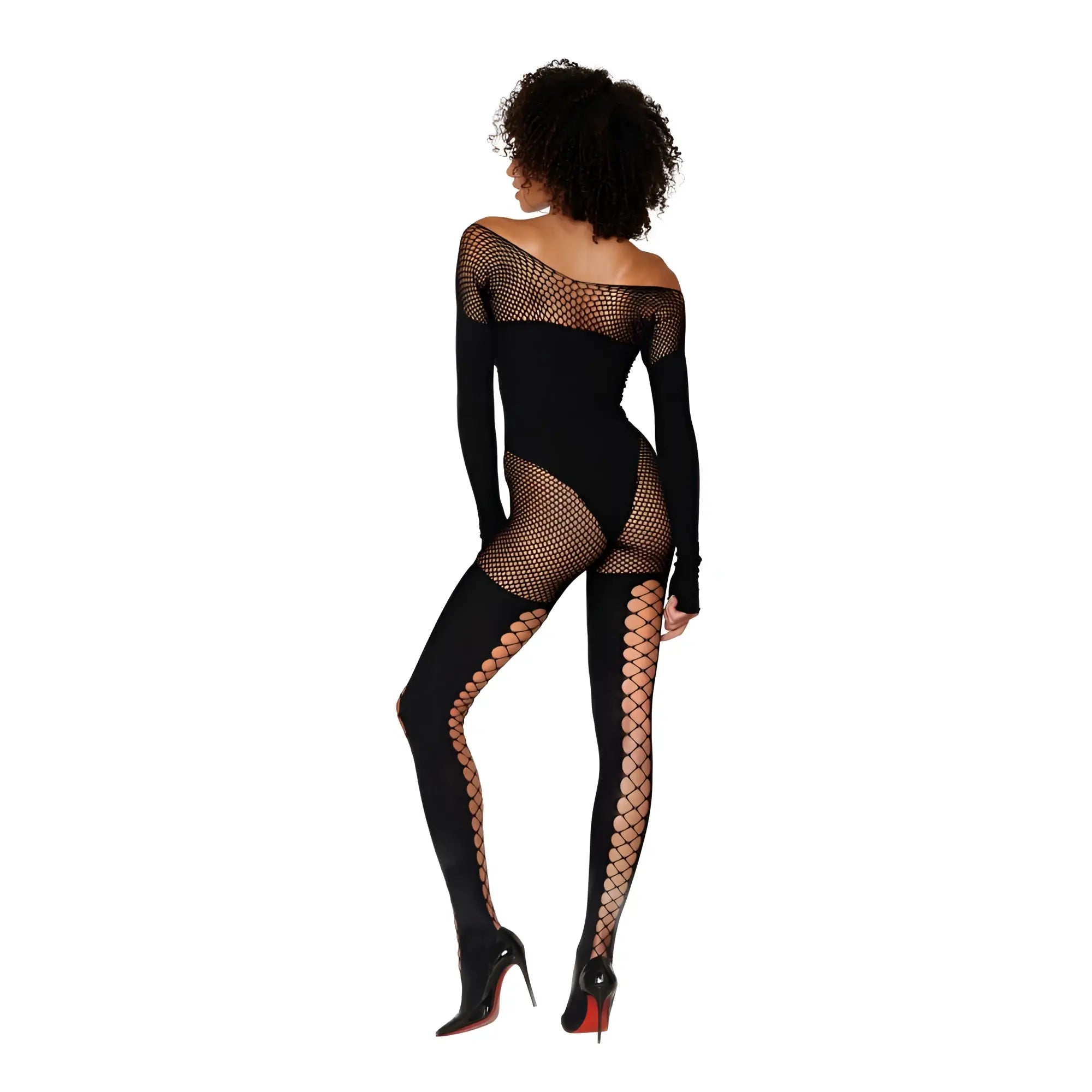 Black fishnet bodysuit with long sleeves and cut-out panels from dreamgirl seamless opaque and fishnet bodystocking
