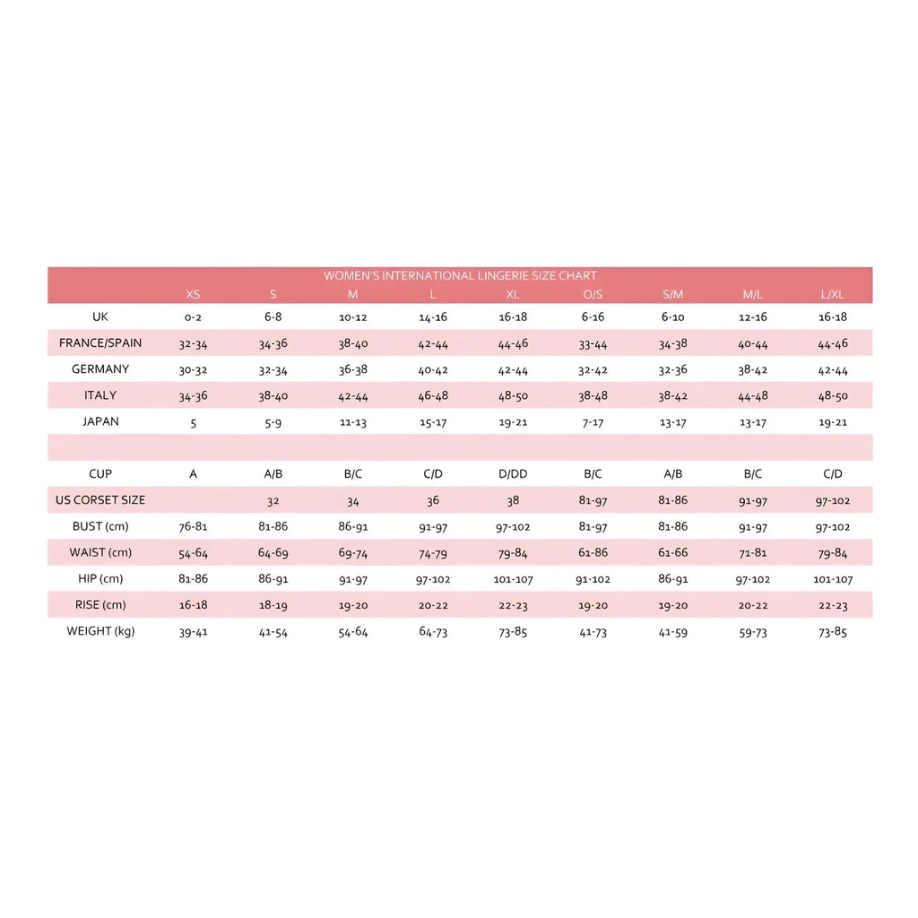 Women’s international lingerie size chart with measurements in various countries for dreamgirl sheer mesh rhinestone teddy black one size