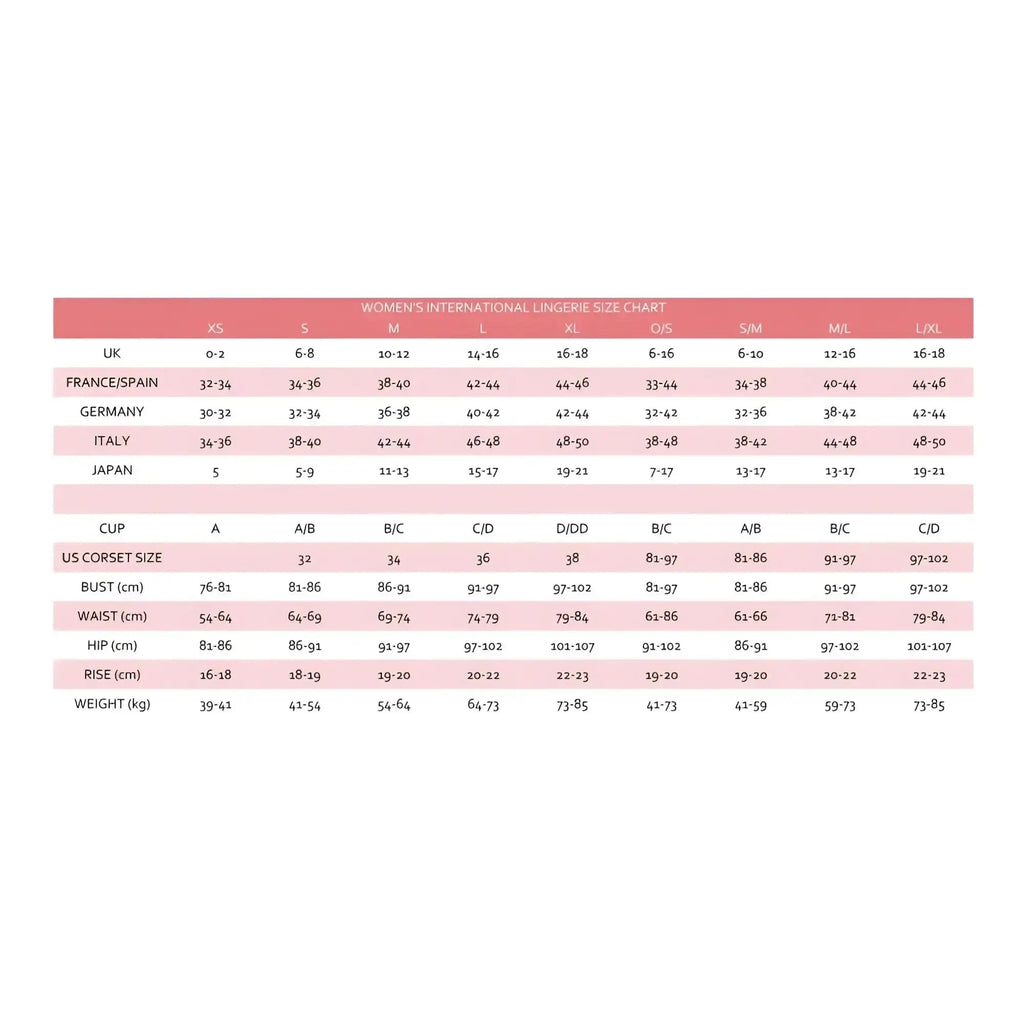 Women’s international lingerie size chart with measurements for dreamgirl shine bright cowl neck black teddy s/m