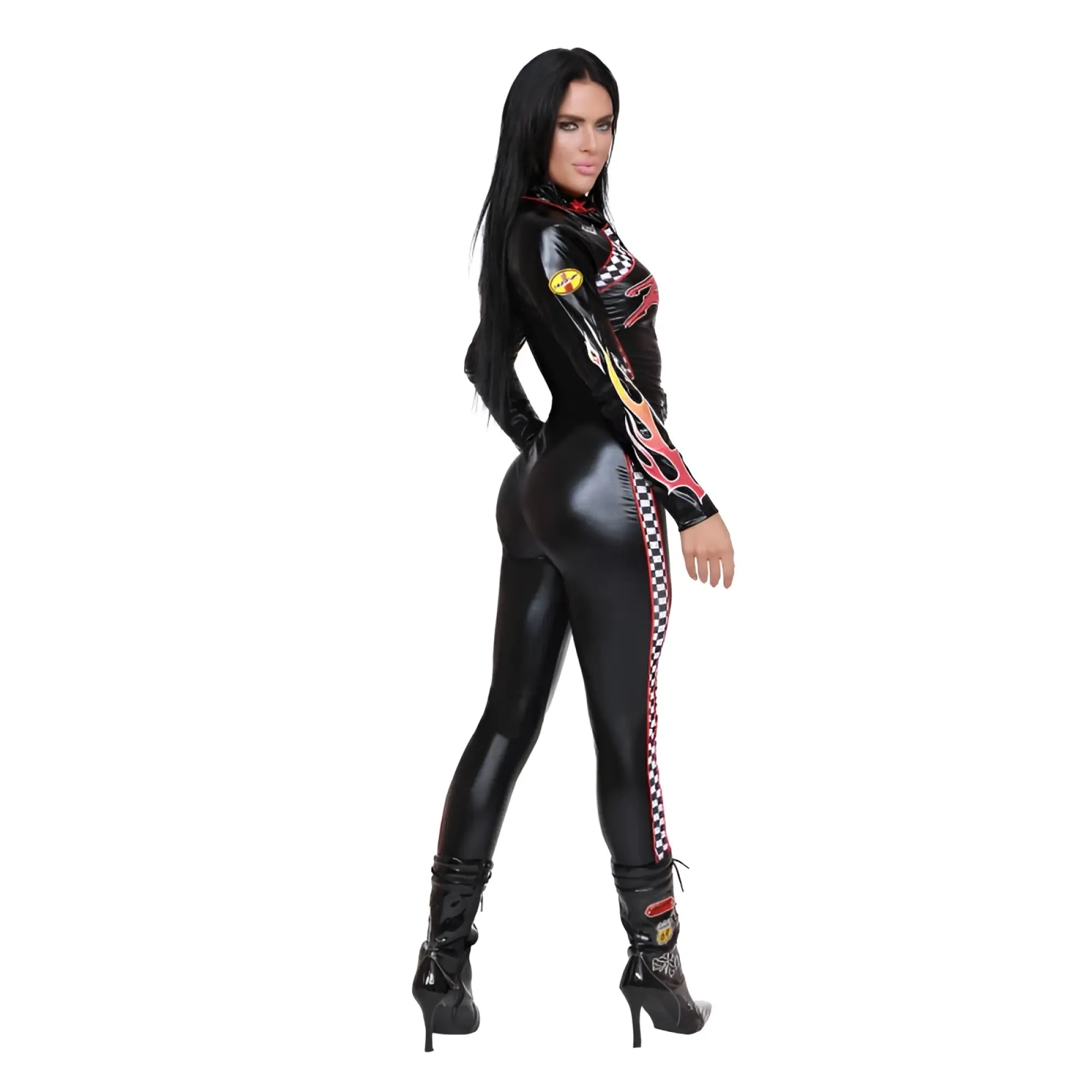 Black glossy one-piece racing suit with flame and checkered flag accents dreamgirl start your engines costume m