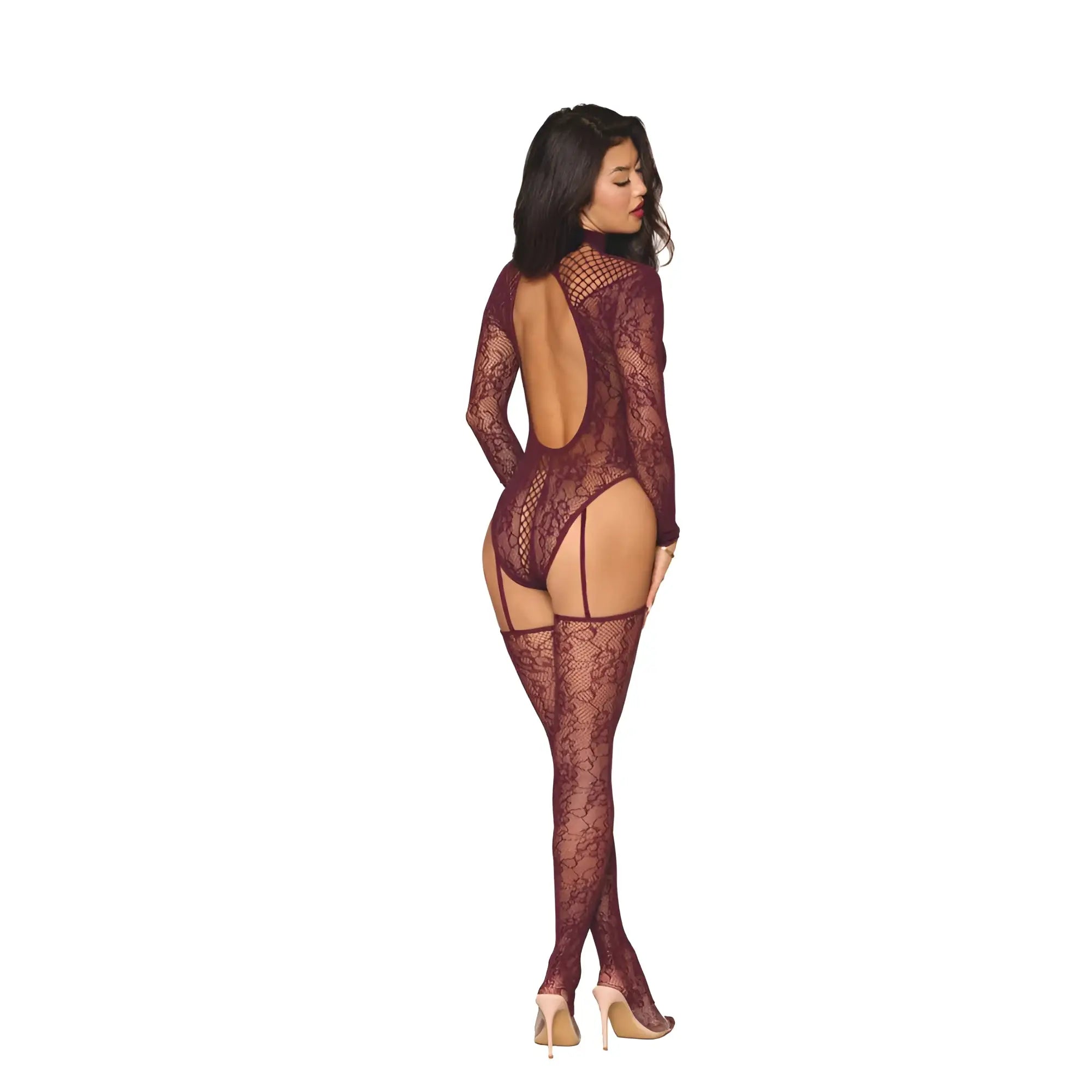 Dreamgirl teddy body stocking burgundy in maroon lace with long sleeves and backless design showing back side