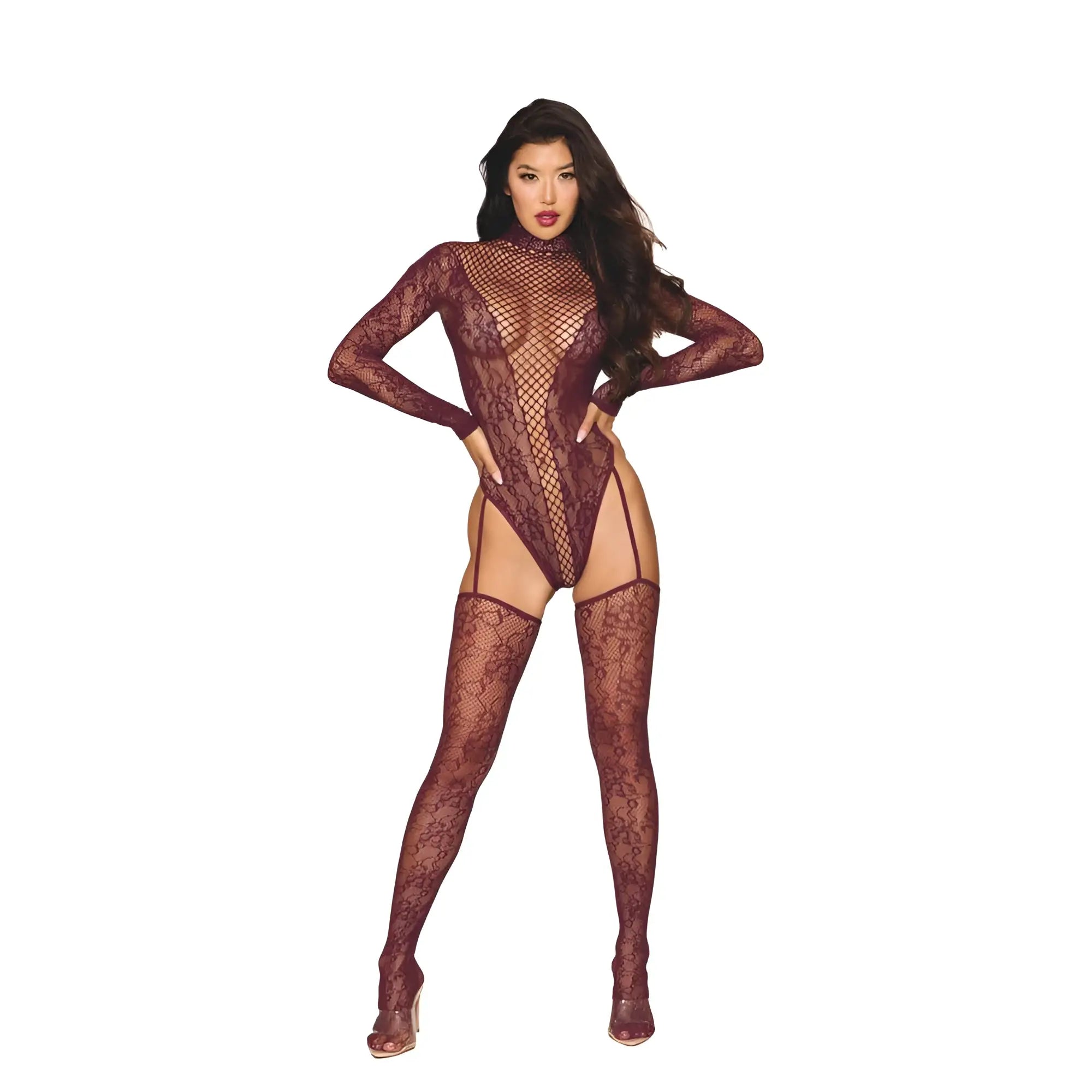 Dreamgirl teddy body stocking burgundy fishnet lace bodysuit with long sleeves and thigh-high stockings front view