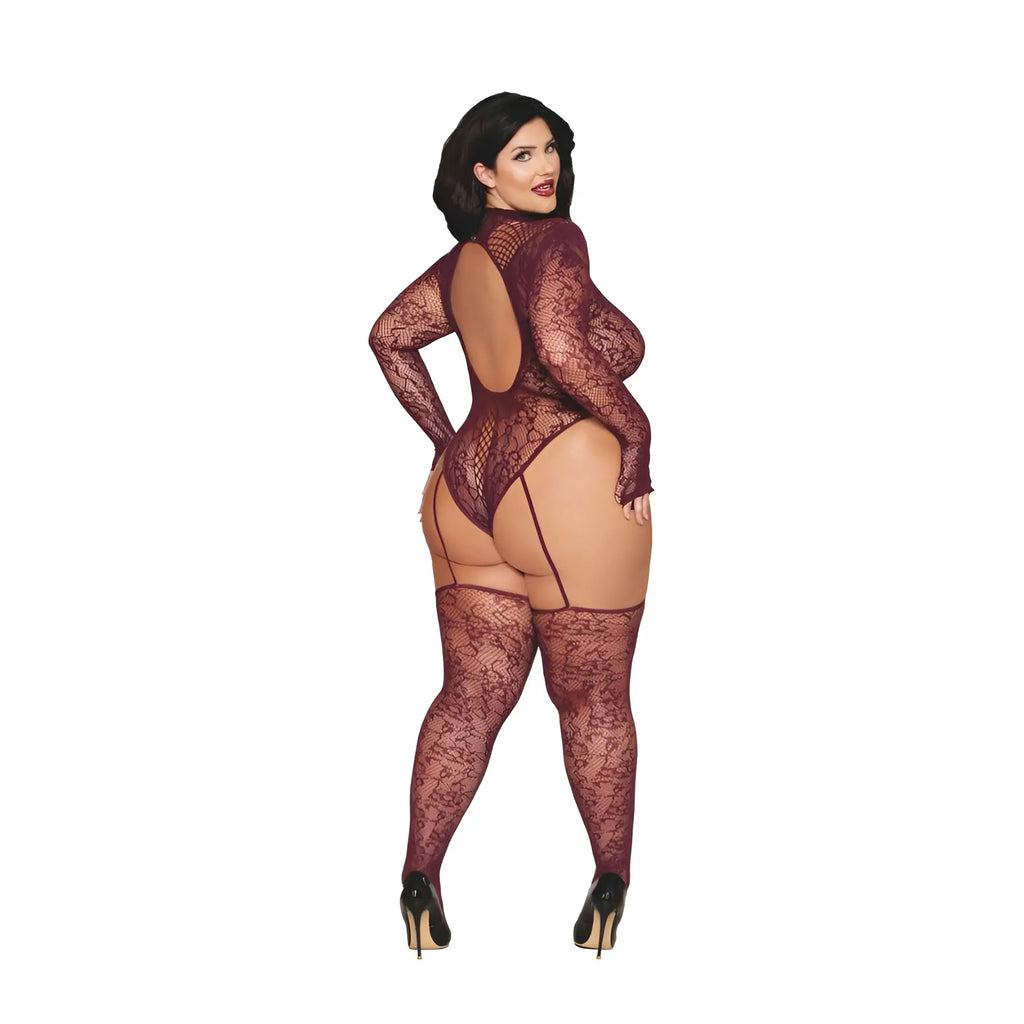 Back view of a dreamgirl teddy body stocking burgundy one size with maroon lace, long sleeves, backless and floral patterns