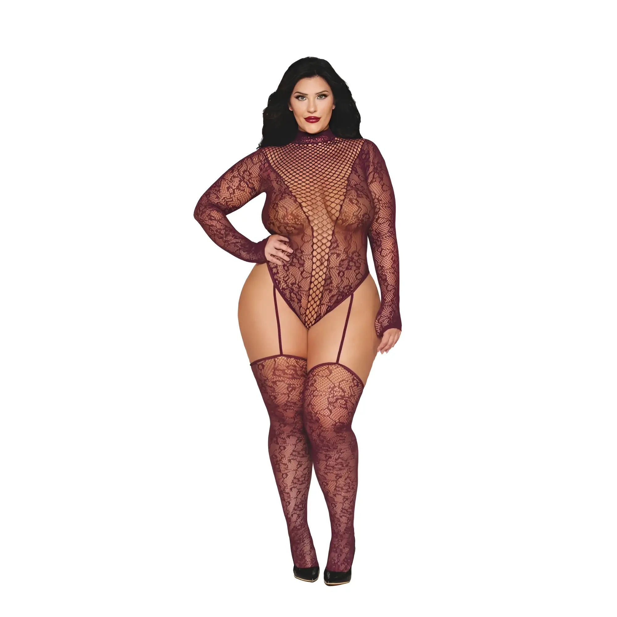 Dreamgirl teddy body stocking burgundy plus-size lace bodysuit with fishnet mesh panels and matching thigh-highs