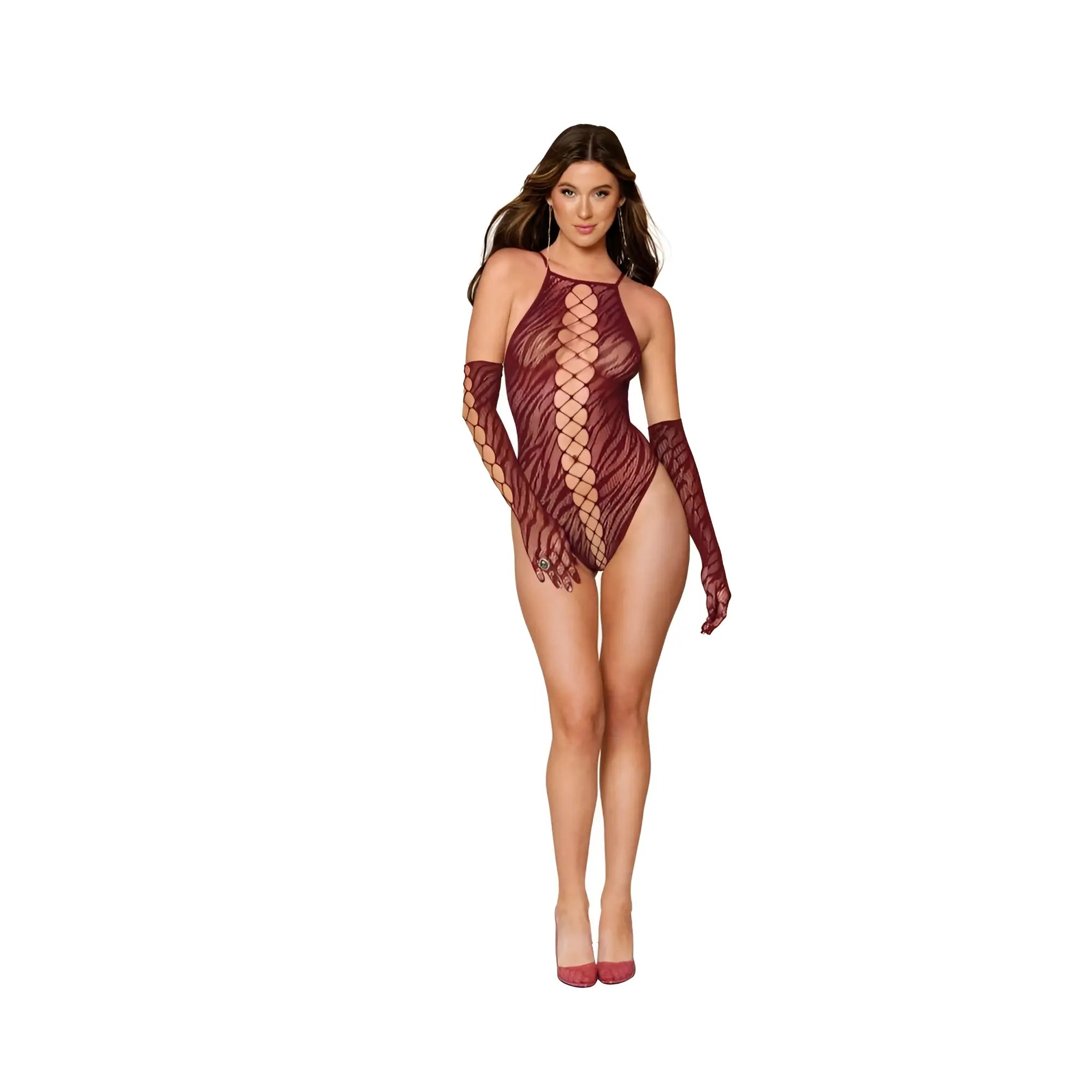 Dreamgirl teddy in burgundy maroon mesh with halter neckline and crisscross lacing paired with matching fingerless gloves