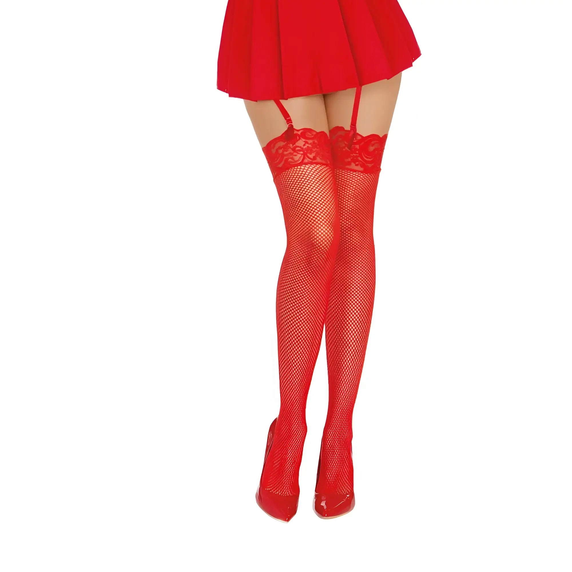 Dreamgirl thigh high fishnet stockings in red with lace trim featuring a one size fit and sheer fishnet material