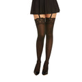 Black sheer thigh high stockings with lace trim and suspenders by Dreamgirl in one size