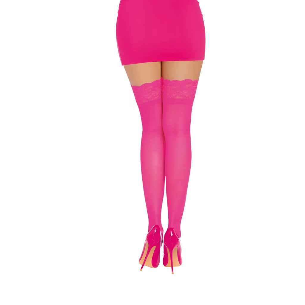 Bright pink dreamgirl thigh high silicone stockings with lace trim in neon pink one size