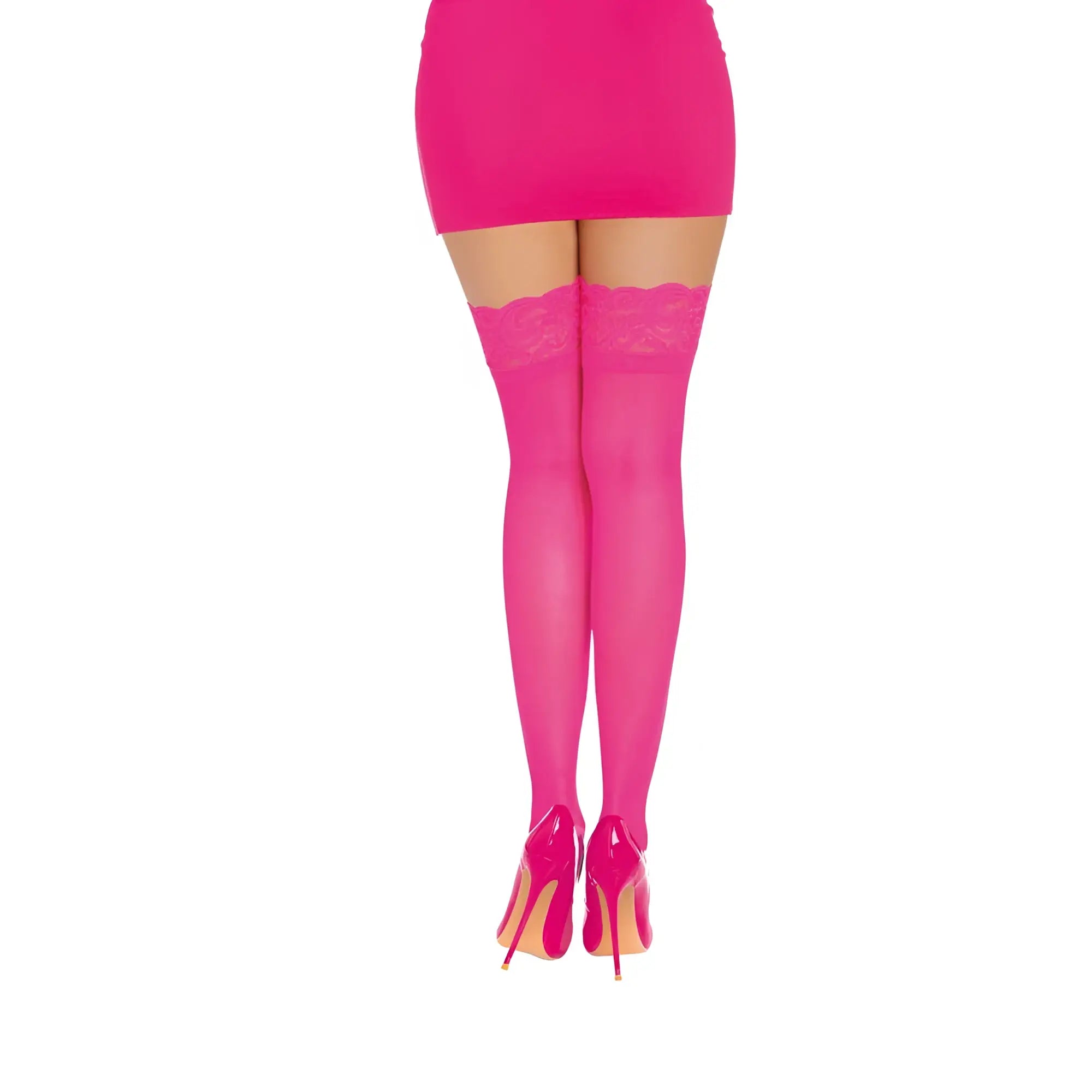 Bright pink dreamgirl thigh high silicone stockings with lace trim in neon pink one size