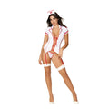 Dreamgirl white and red nurse costume with lace-up front, matching hat, thigh-high stockings, and high heels one size