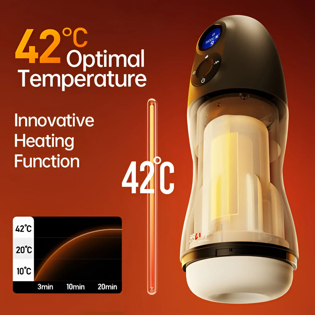 Drywell Atom electronic masturbator in black and transparent plastic with digital display and heating set to 42°c
