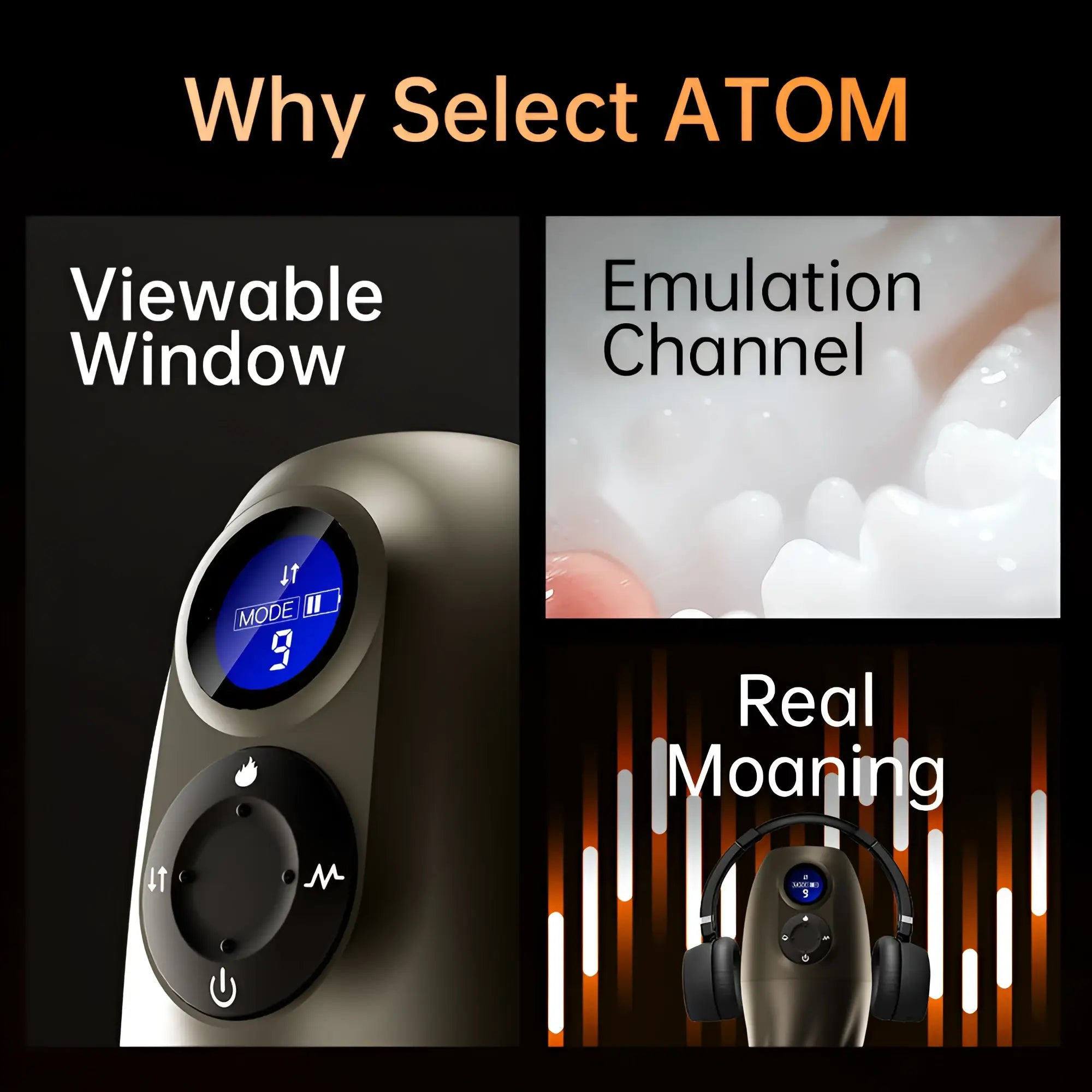 The drywell atom electronic masturbator is a matte black and silver handheld device with a circular digital mode display