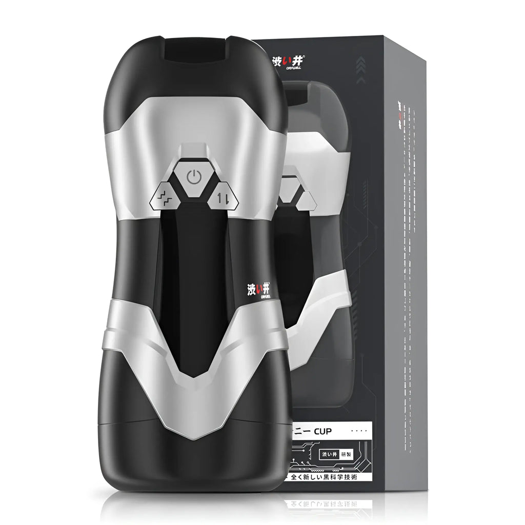 Drywell dva automatic usb thrusting and vibrating masturbator in black and silver with ergonomic shape and front control buttons