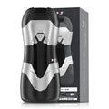 Drywell dva automatic usb thrusting and vibrating masturbator in black and silver with ergonomic shape and front control buttons