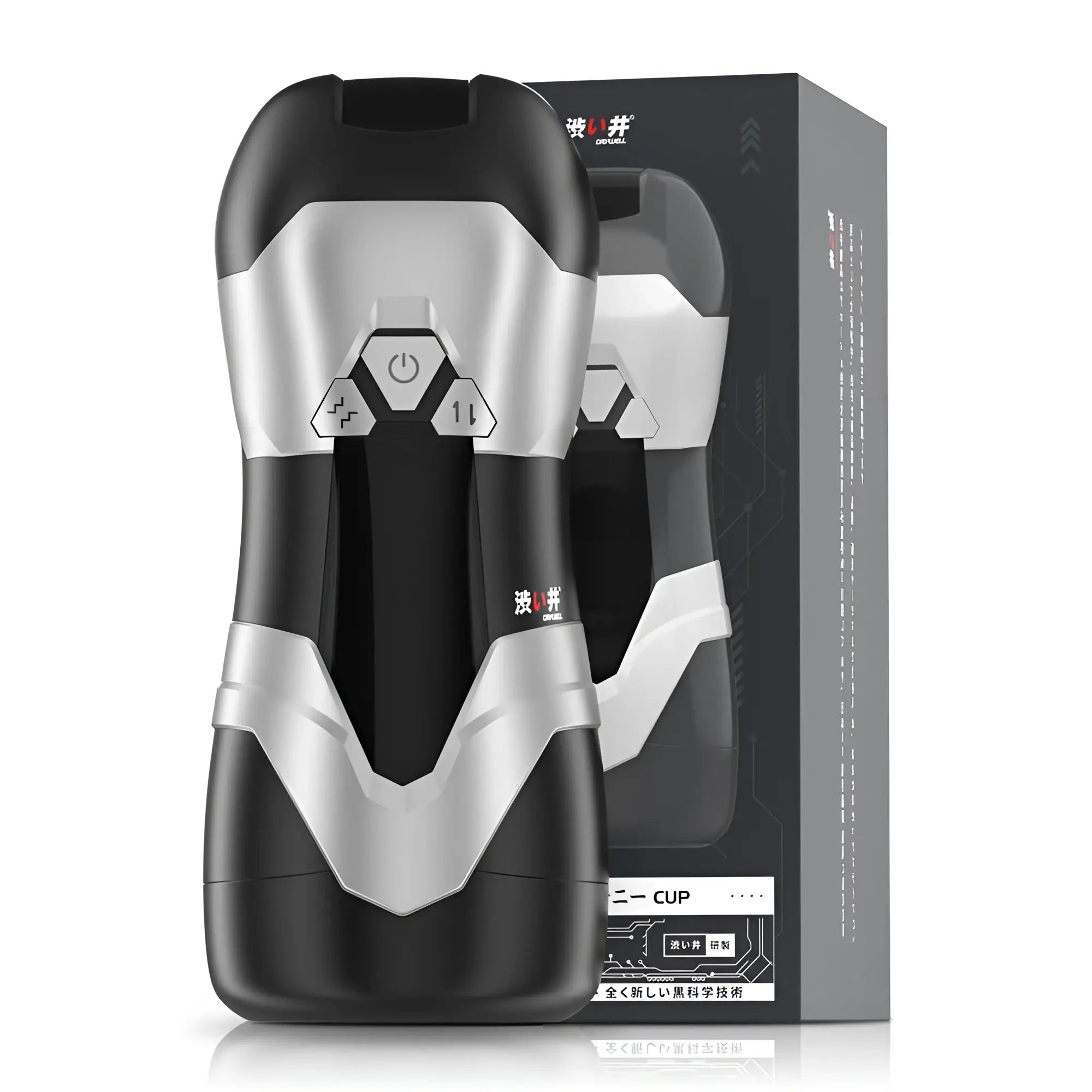 Drywell dva automatic usb thrusting and vibrating masturbator in black and silver with ergonomic shape and front control buttons