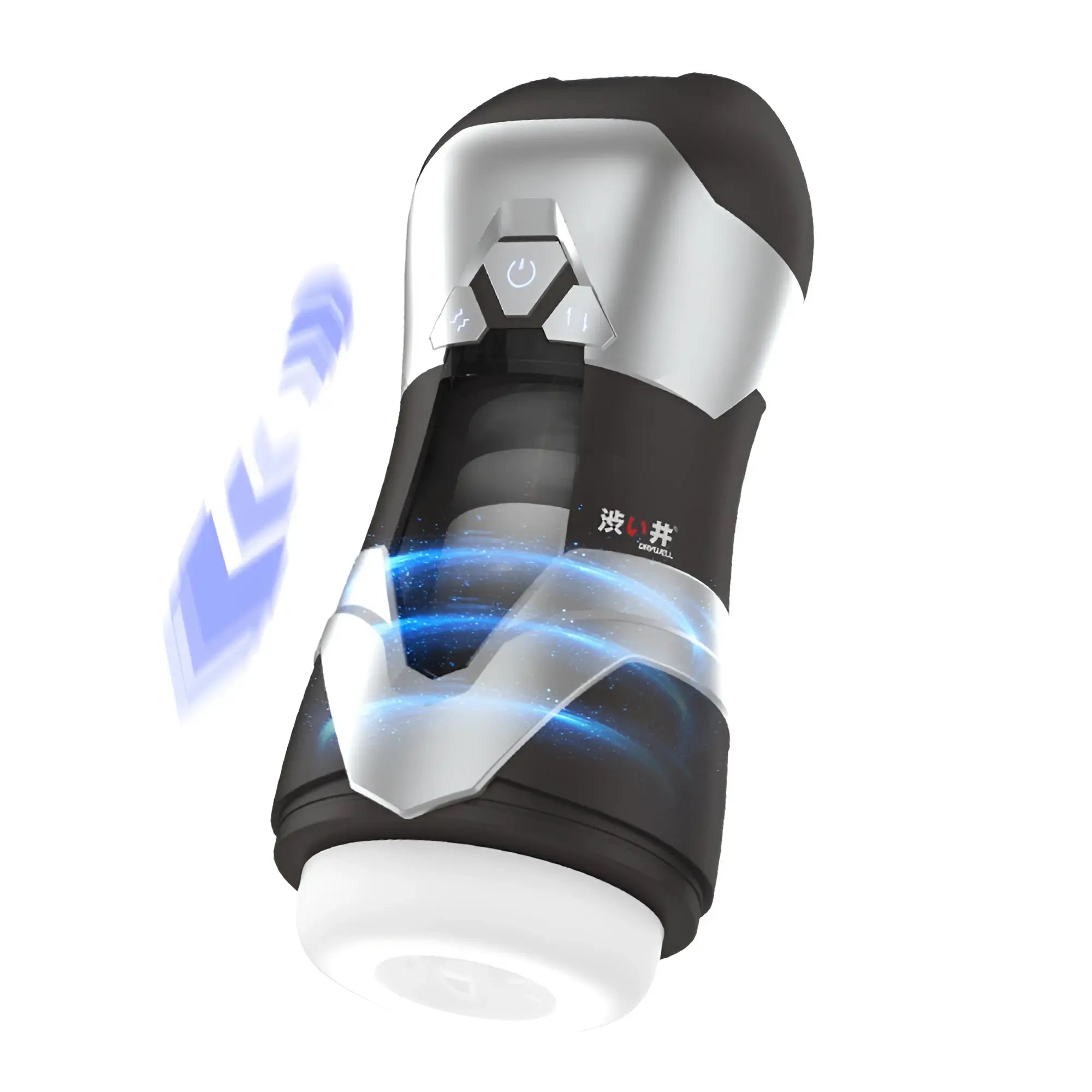 Black and silver dopuell drywell dva automatic usb thrusting and vibrating masturbator with sleek design and blue glowing accents