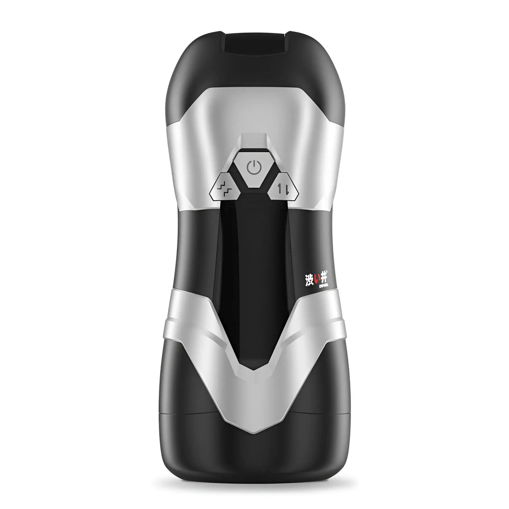 Black and silver handheld drywell dva automatic usb thrusting and vibrating masturbator with control buttons