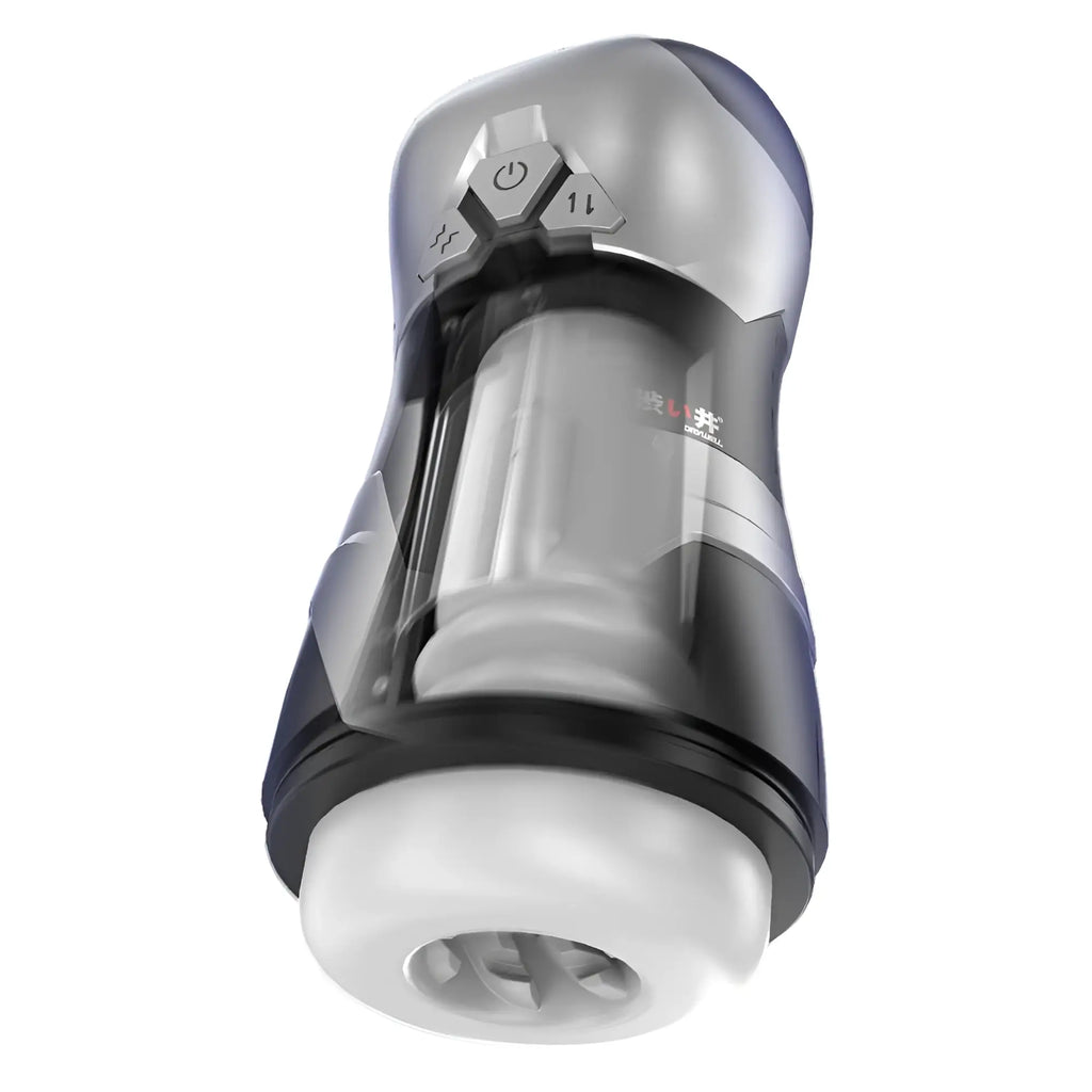 Silver and black drywell dva automatic usb thrusting and vibrating masturbator with transparent body and control buttons
