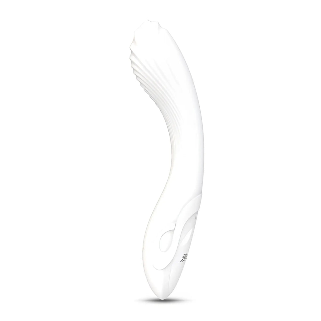 White silicone drywell flexible bending vibrator with curved ergonomic design and textured ridges along handle