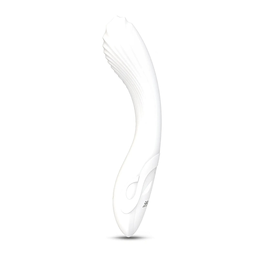 Drywell flexible bending silicone vibrator in white with curved ergonomic design and textured ridges on top