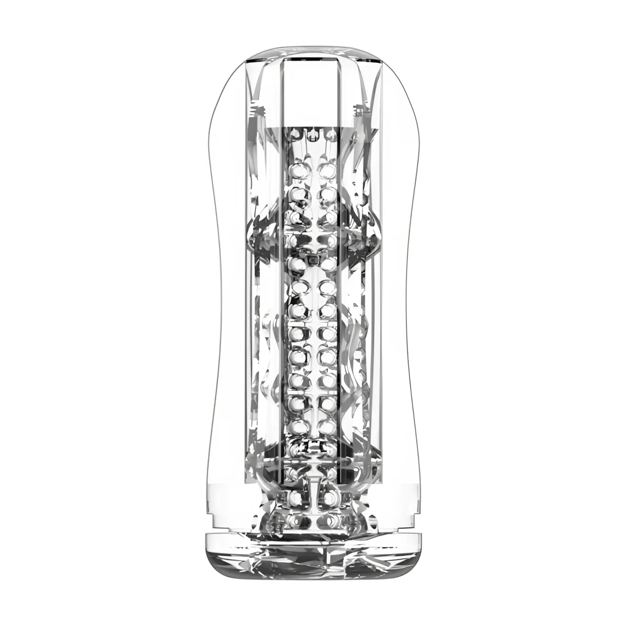 Clear glass cylindrical drywell maze masturbator sleeve with ribbed exterior and circular internal texture