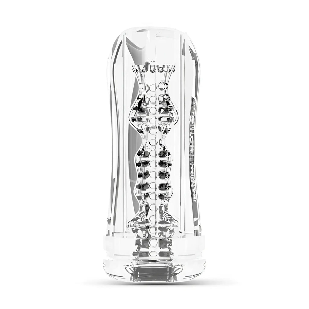 Clear plastic drywell maze masturbator sleeve with textured ridged design and intricate internal patterns for adults