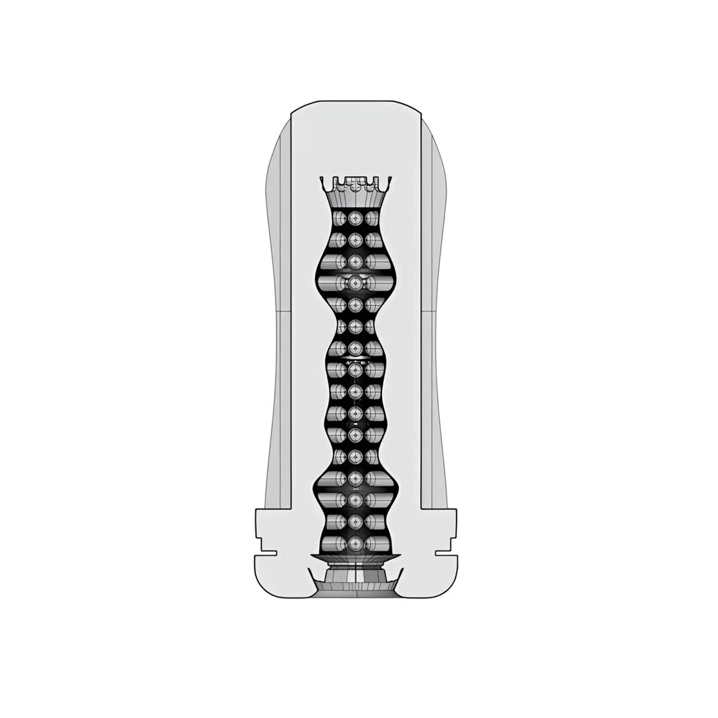 Gray plastic drywell maze masturbator sleeve with crown-shaped top and segmented textured body for enhanced stimulation
