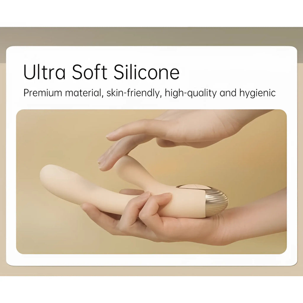 Beige ultra soft silicone drywell pada rabbit and g-spot pulsing vibrator with metallic silver textured head