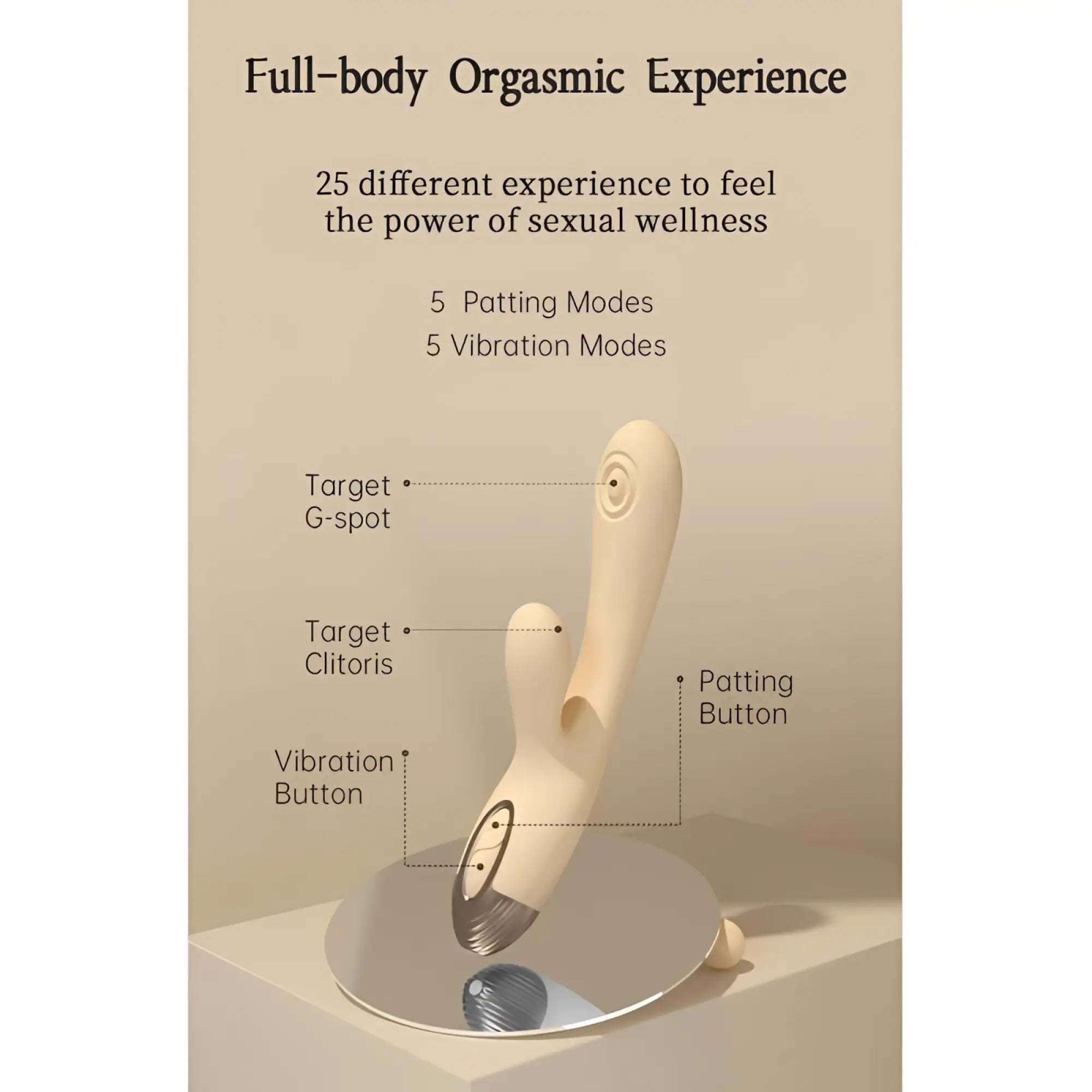 Cream-colored drywell pada rabbit and g-spot pulsing vibrator with silicone material and metallic silver accents labeled features