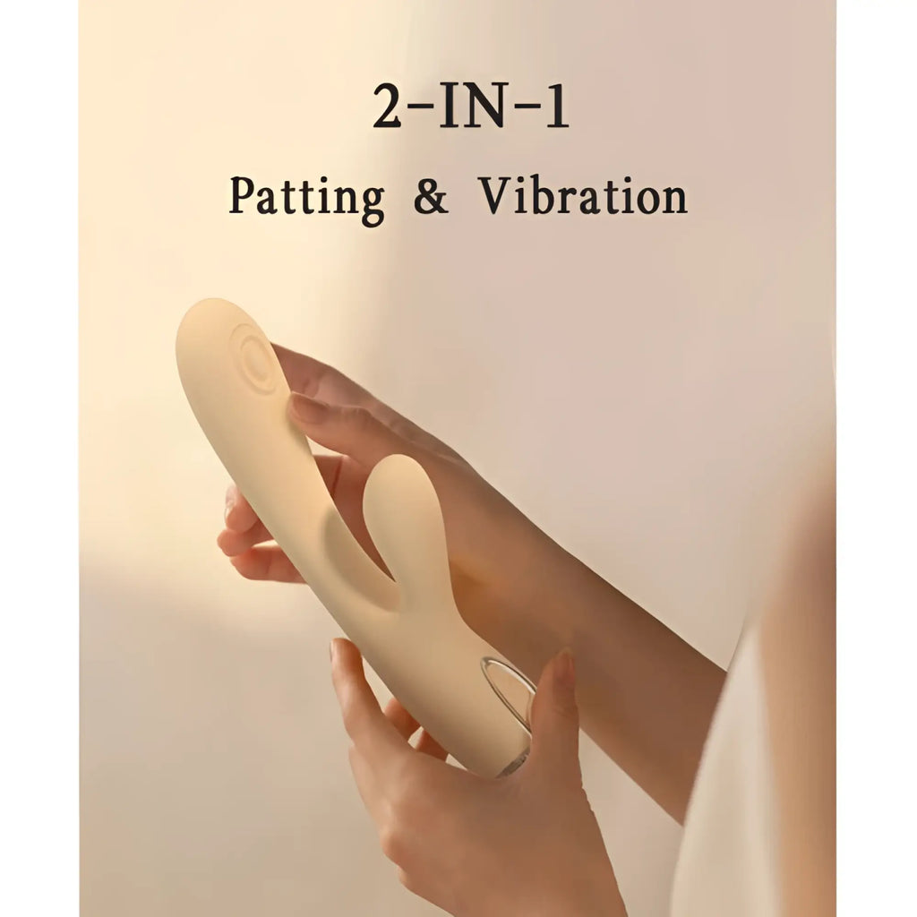 Cream-colored silicone drywell pada rabbit and g-spot pulsing vibrator with ergonomic design and top circular button