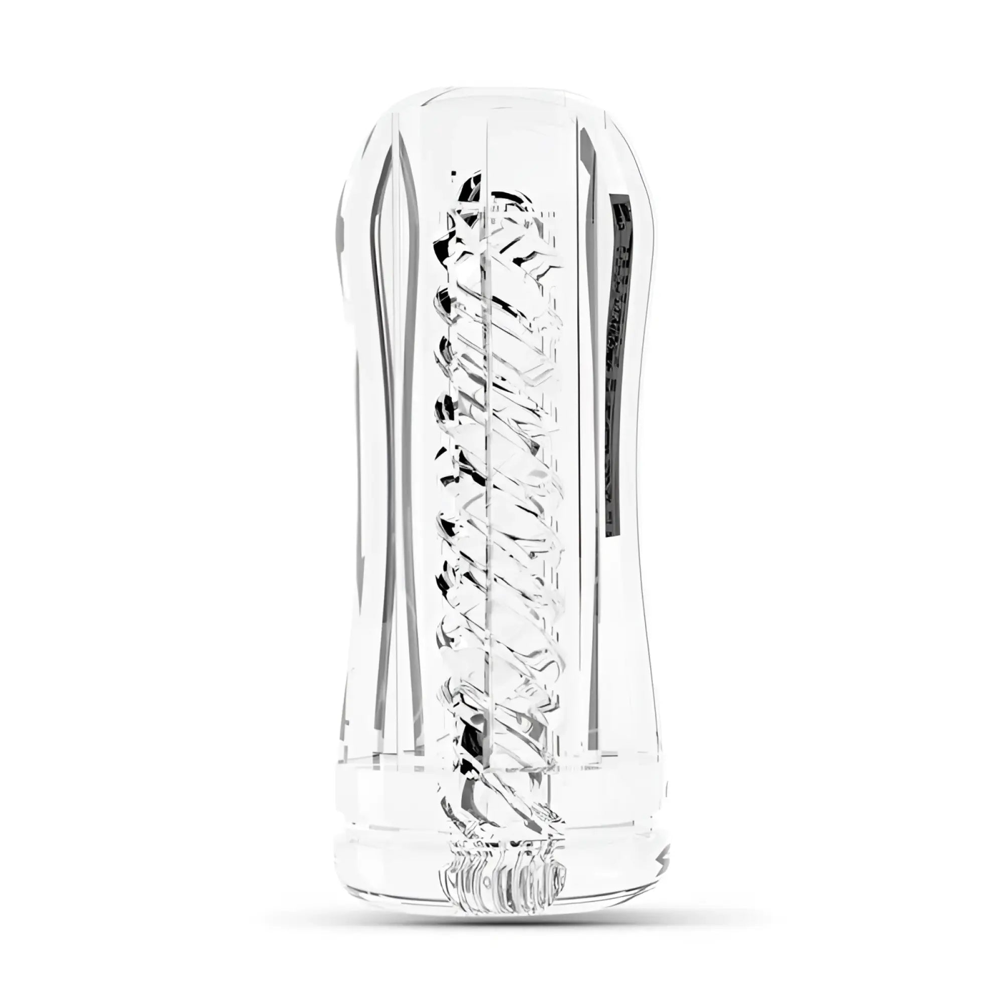 Clear glass drywell vision masturbator sleeve with intricate twisted internal ridges and sleek ergonomic design