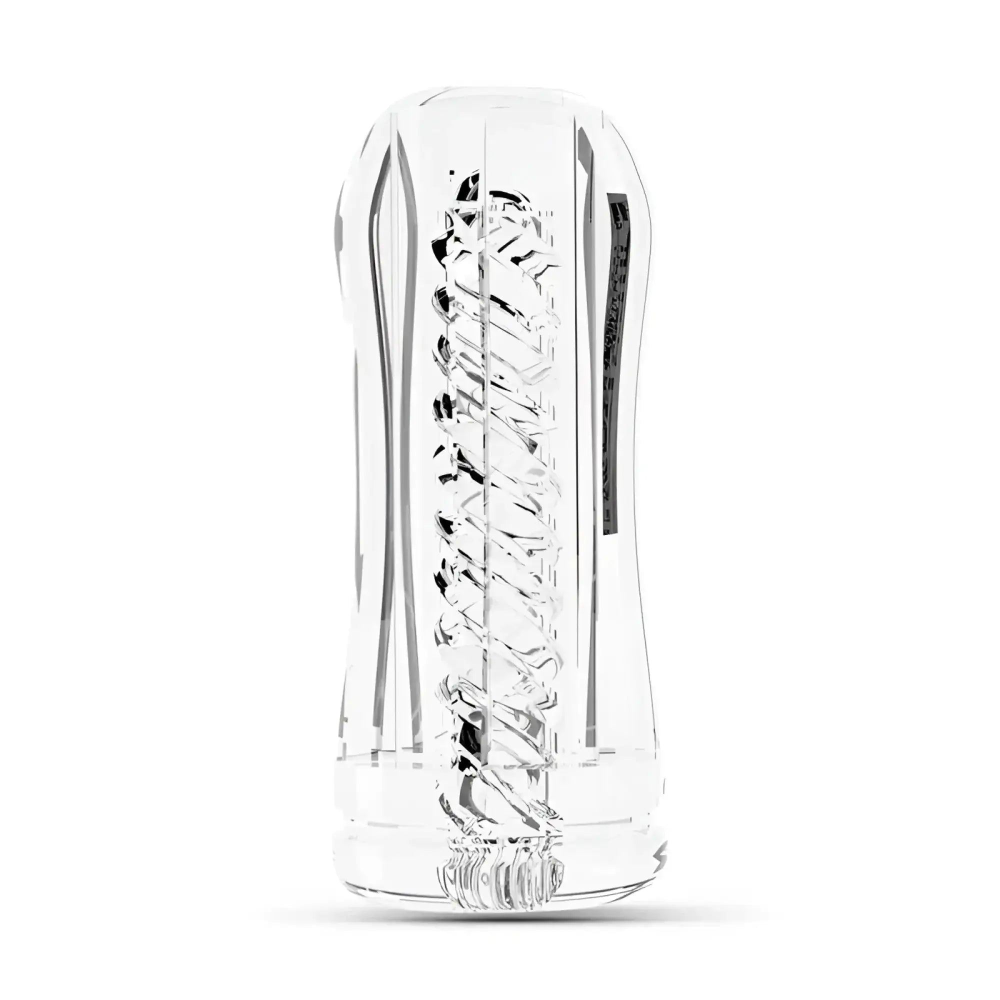 Clear glass drywell vision masturbator sleeve with intricate twisted internal ridges and sleek ergonomic design