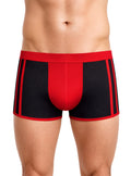 Black and red dual tone trunk boxer briefs with mesh panel design for athletic support and breathability