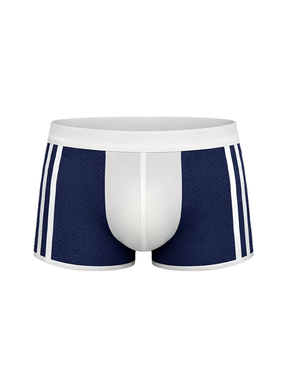 Navy blue mesh dual tone trunk boxer briefs with white waistband and side stripes for comfortable support