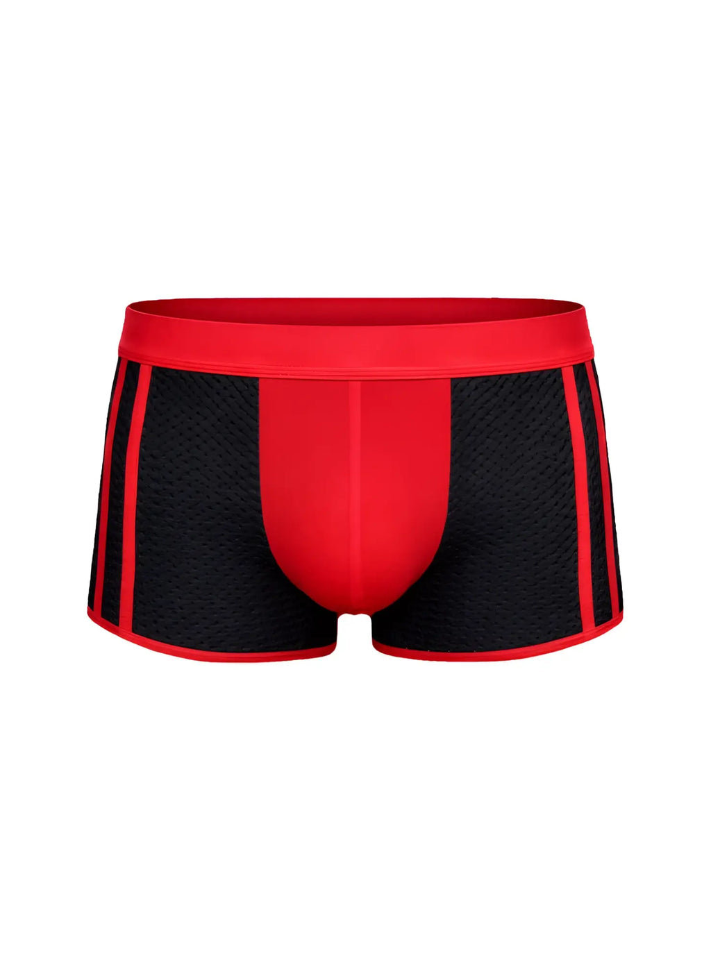 Dual tone trunk red and black mesh boxer briefs with bold red waistband for comfortable everyday wear