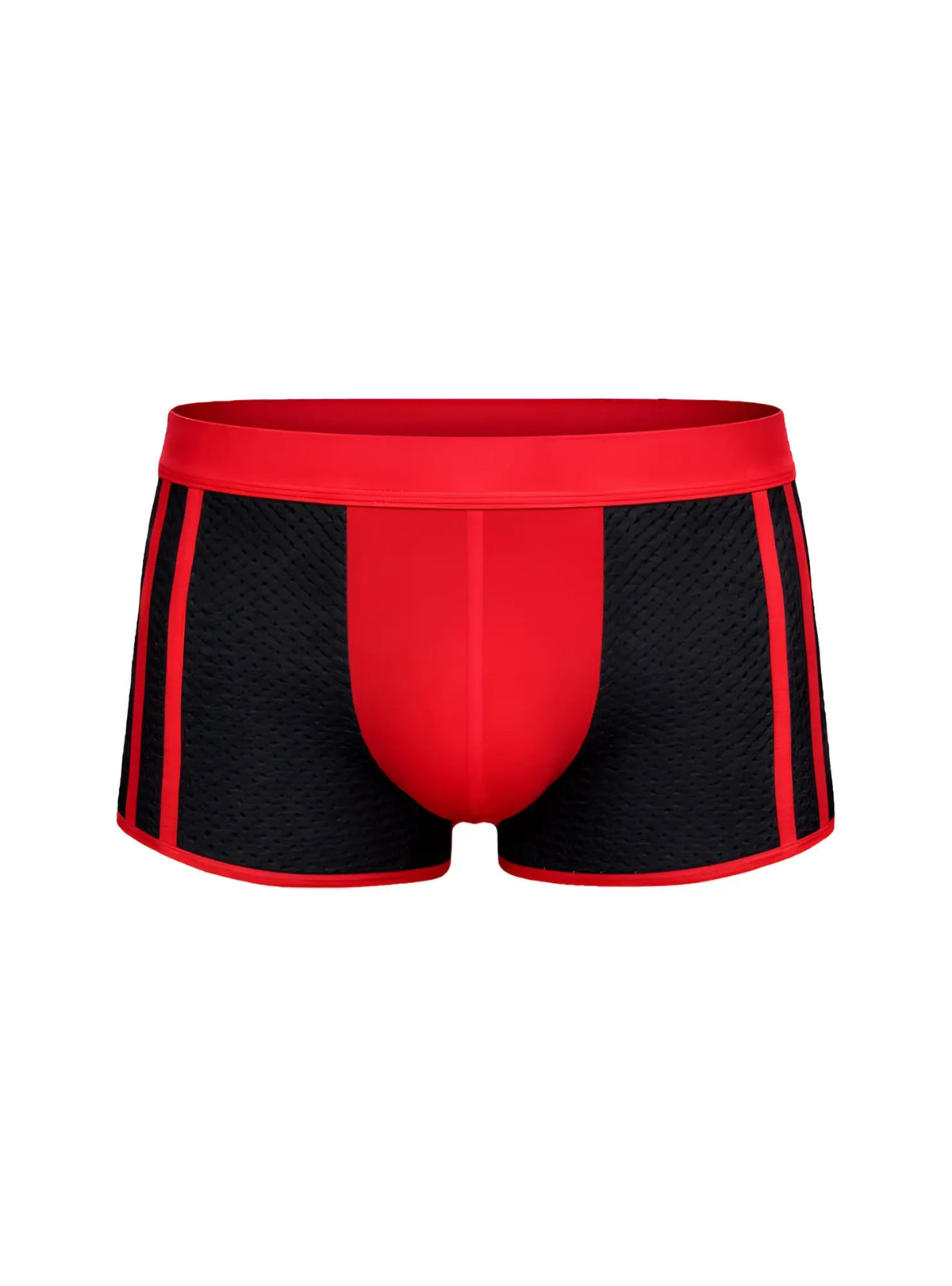 Dual tone trunk red and black mesh boxer briefs with bold red waistband for comfortable everyday wear