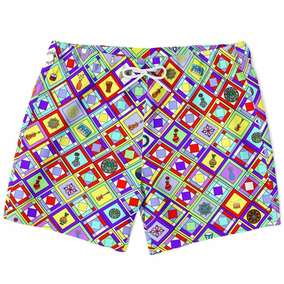 Maris Equi 1960's Style Colorful Diamond Print Retro Men's Swim Shorts Trunks