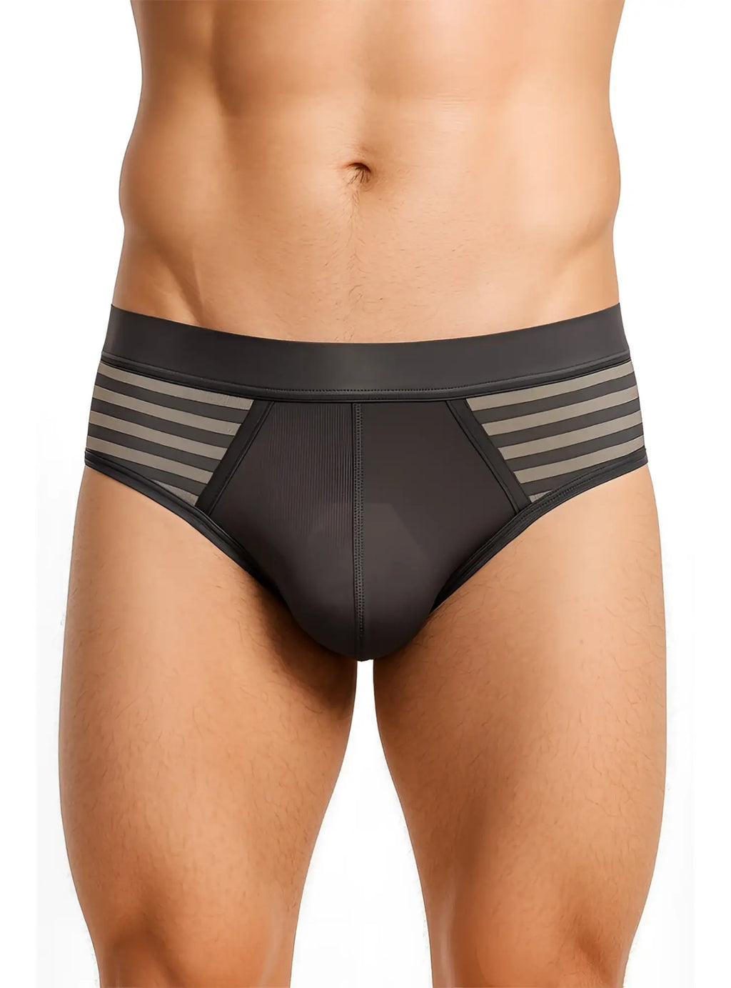Easy stretch brief black briefs with gray striped mesh panels on the sides for breathable comfort