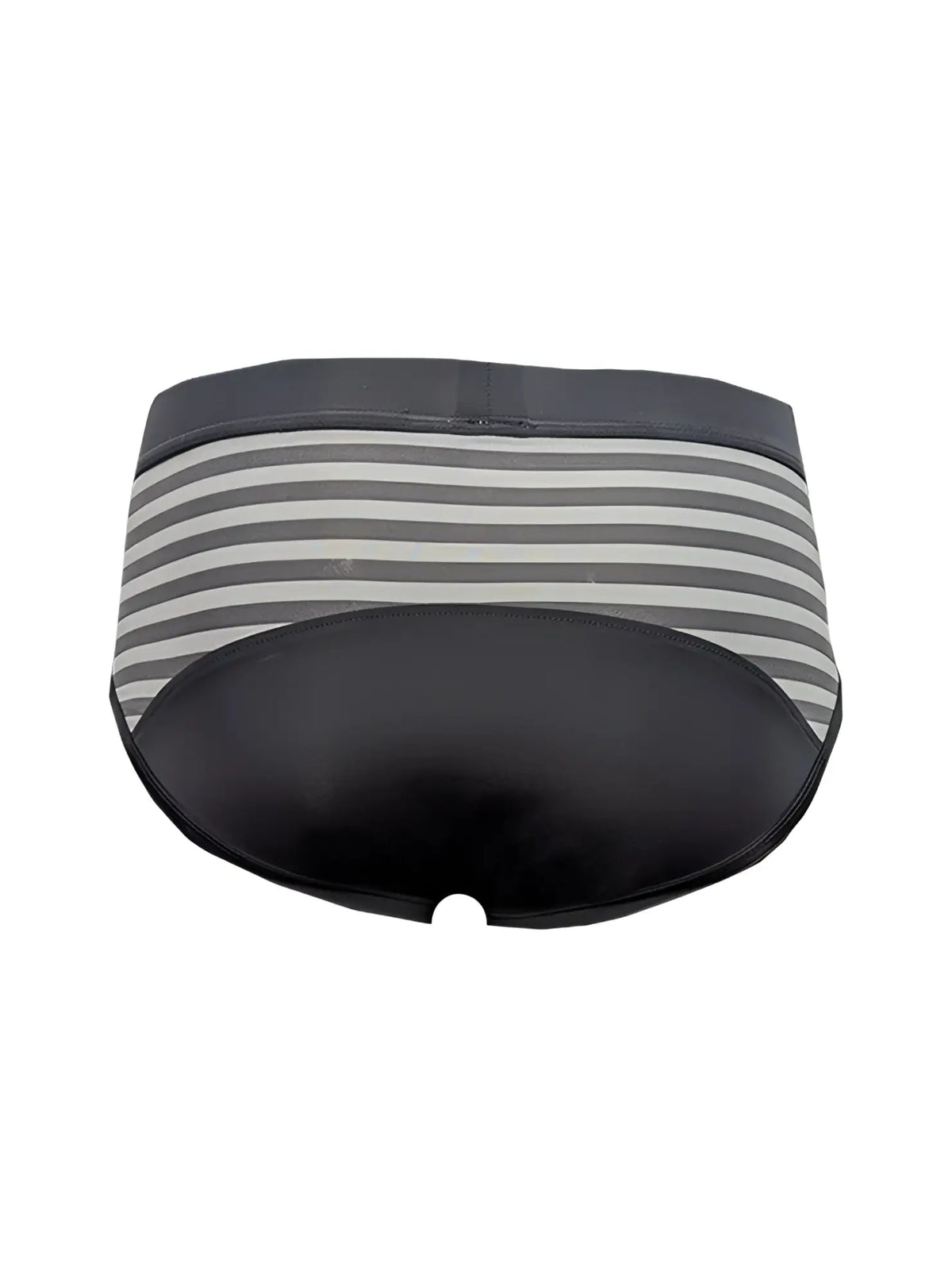 Easy stretch brief gray and white striped with black leather-like front panel for comfortable everyday wear
