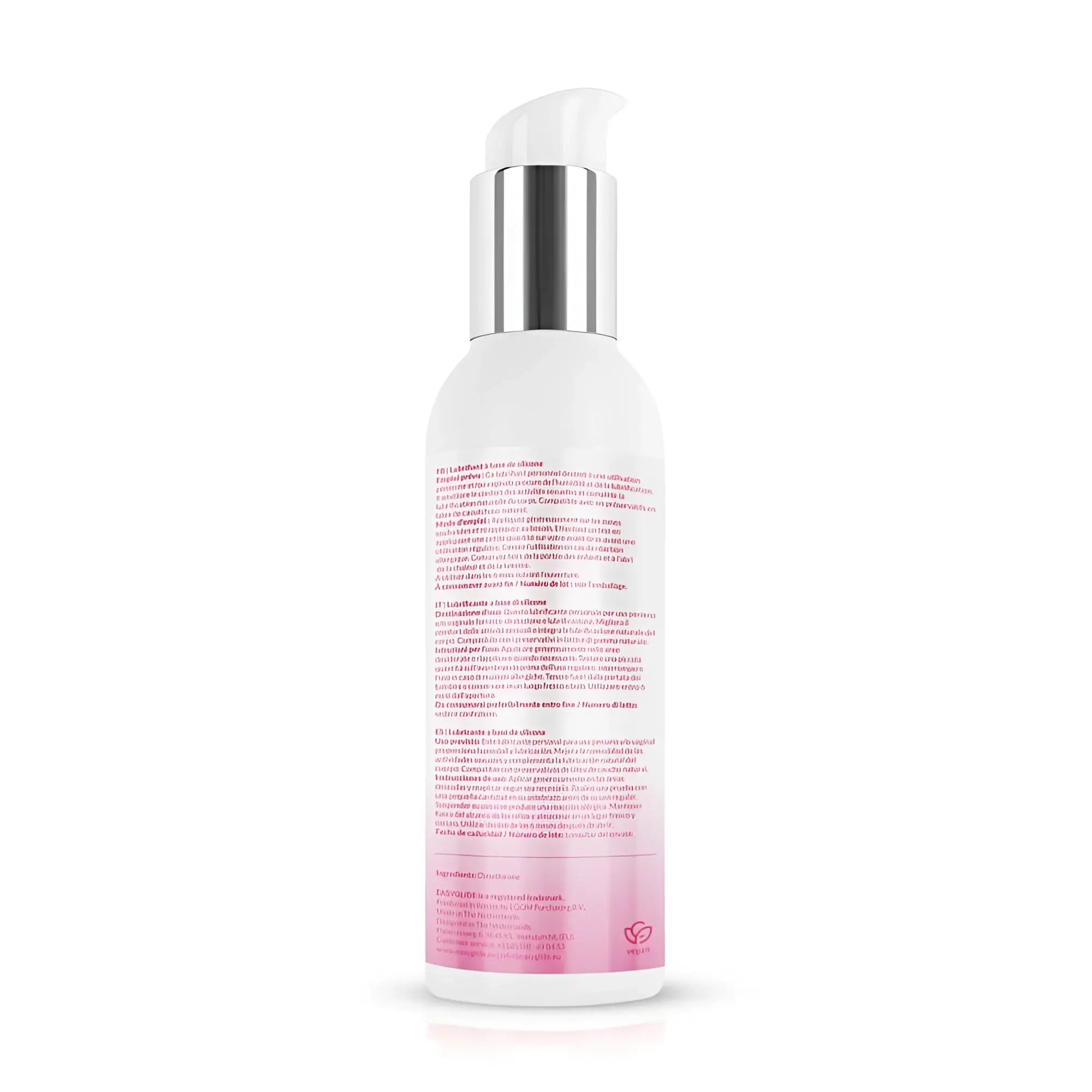 A sleek white bottle with a silver pump featuring pink text of easyglide sensitive silicone lubricant 150ml