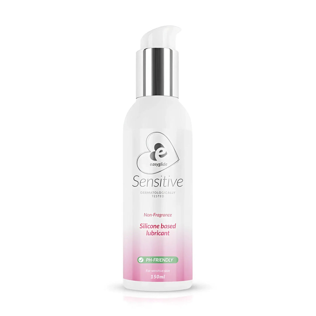 A white and pink gradient bottle of easyglide sensitive silicone lubricant with a silver pump dispenser 150ml