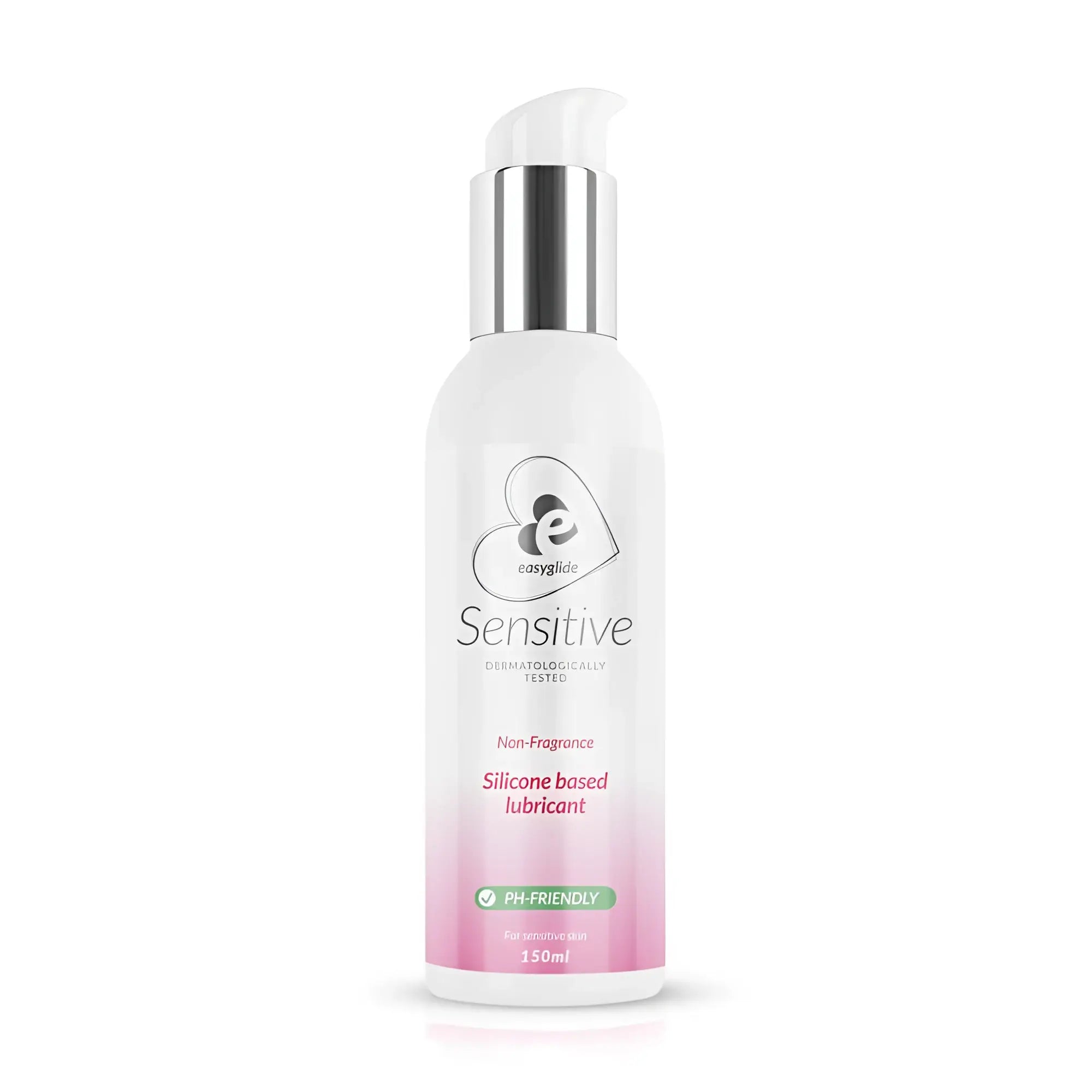 A white and pink gradient bottle of easyglide sensitive silicone lubricant with a silver pump dispenser 150ml