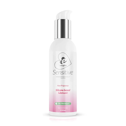 A white and pink gradient bottle of easyglide sensitive silicone lubricant with a silver pump dispenser 150ml
