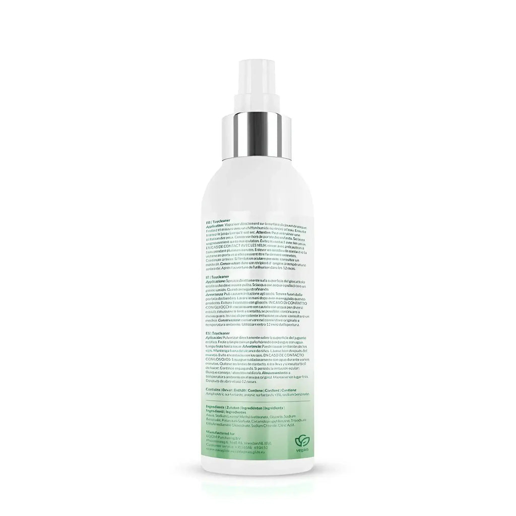 White plastic spray bottle with silver metallic cap and green label showing back of easyglide sensitive toy cleaner 150ml
