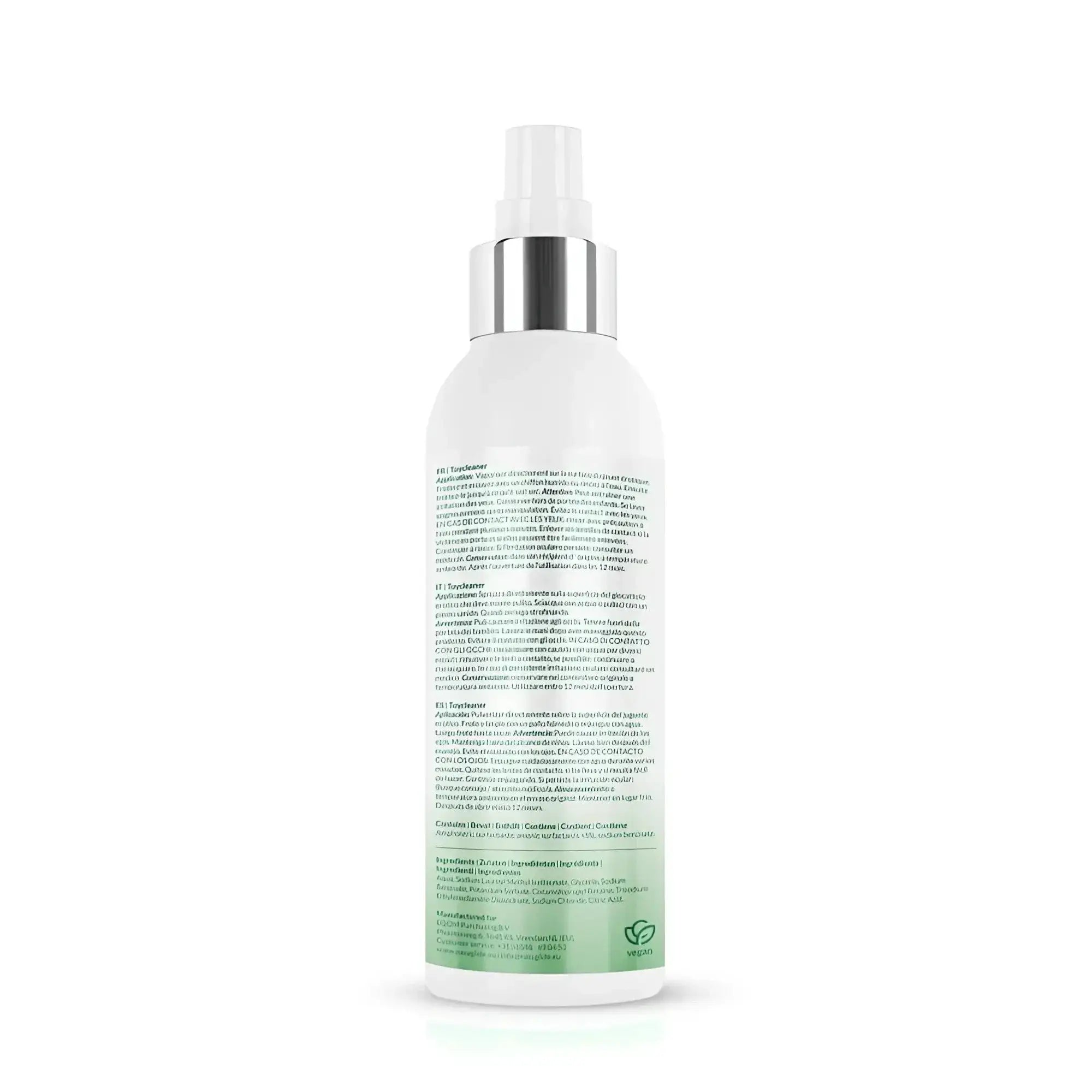 White plastic spray bottle with silver metallic cap and green label showing back of easyglide sensitive toy cleaner 150ml