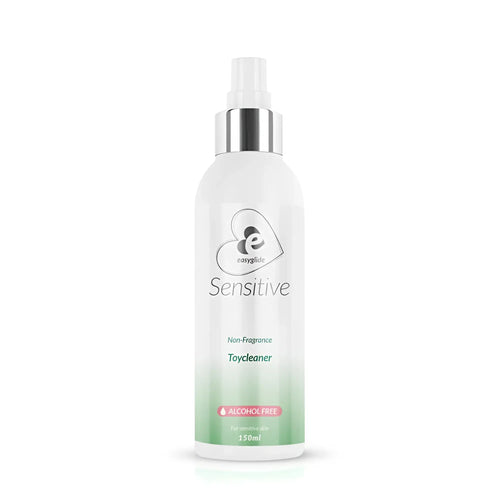 A sleek white spray bottle with silver nozzle labeled sensitive toy cleaner by EasyGlide 150ml for gentle use